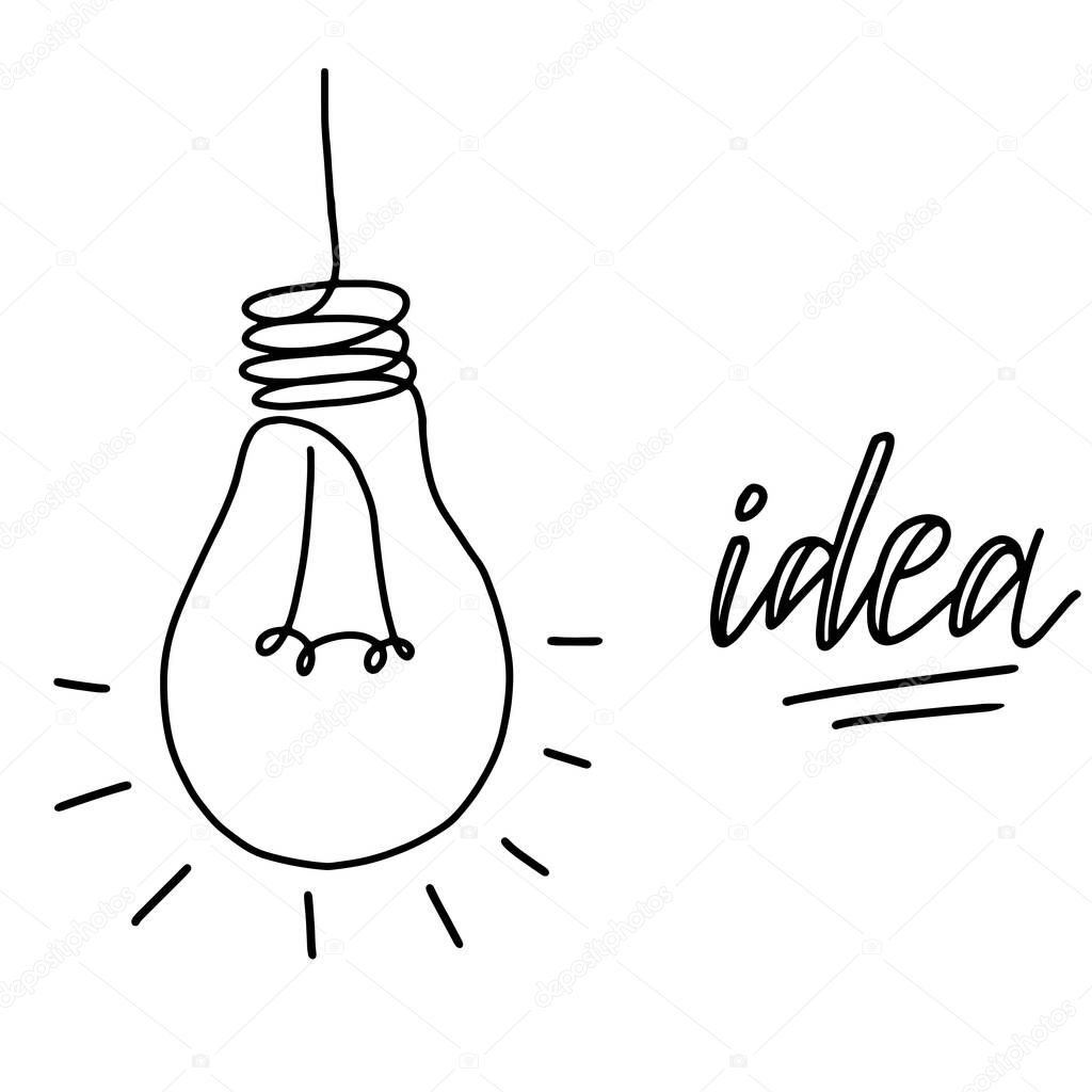 Lightbulb and text idea- creative sketch, hand drawn vector illustration. Electric lamp logo sign.