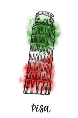Pisa 'nın eğik kulesinin çizimi ve suluboya taklit İtalyan bayrağı renginde harfler. Kitap kapağı veya menü tasarım şablonu için kullanılabilir. Vektör el çizimi poster