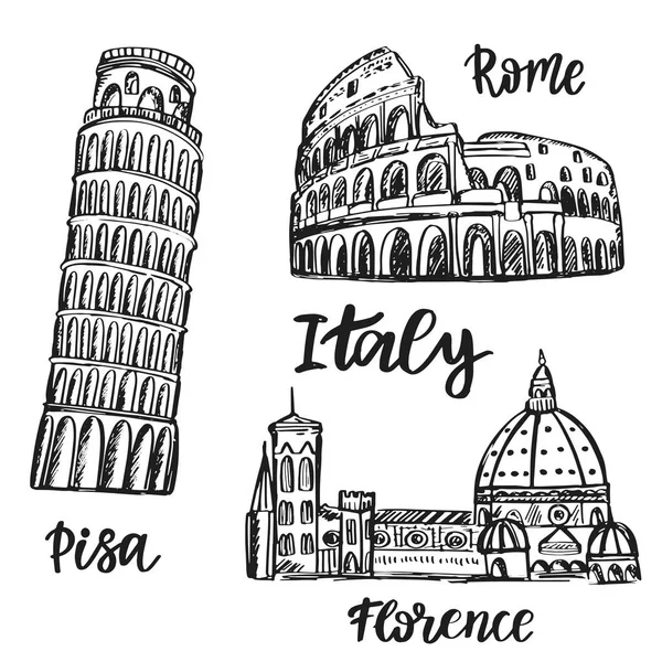 이탈리아 랜드마크와 빈티지 스케치 이탈리아 여행의 콜로세움 피사의 로렌초 피렌체 — 스톡 벡터