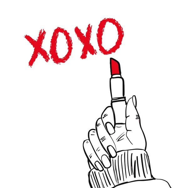 Letras de pincel XOXO y mano de mujer sosteniendo lápiz labial sobre un fondo blanco. Ilustración vectorial — Archivo Imágenes Vectoriales