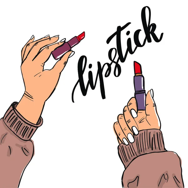 Makeup background, sketch style, female hand holding lipstick — Stock Vector