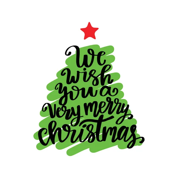 Boldog karácsonyt kívánunk neked. Plakát vagy üdvözlőkártya dizájn. Kalligráfia betű idézet zöld fa piros csillag. — Stock Vector