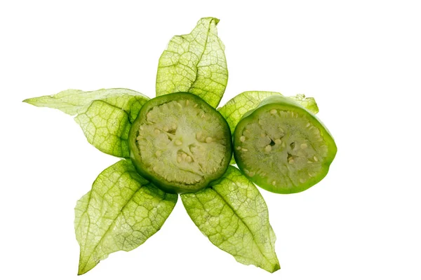 Tvärsnitt Den Tomatillo Eller Mexikanska Skalet Tomater Physalis Philadelphica Visar — Stockfoto