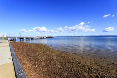 Panoramik Woody noktası dalgakıran, 240 metre uzun iskele Redcliffe Yarımadası'nda, Queensland, Avustralya