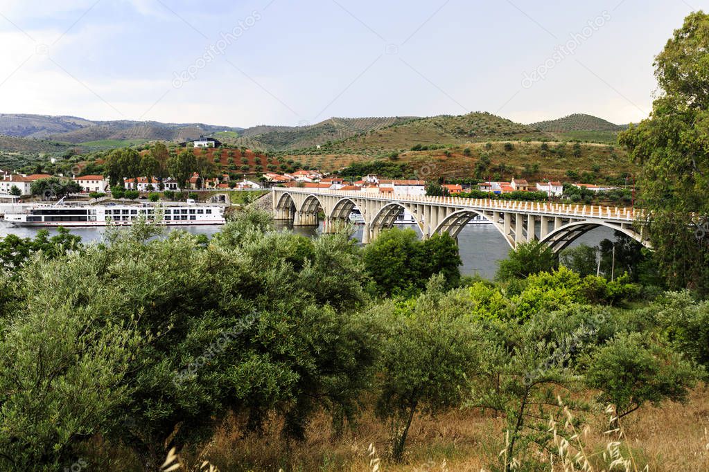 View of the river cruise terminal and bridge, in Barca de Alva, near the Spanish border, Portugal