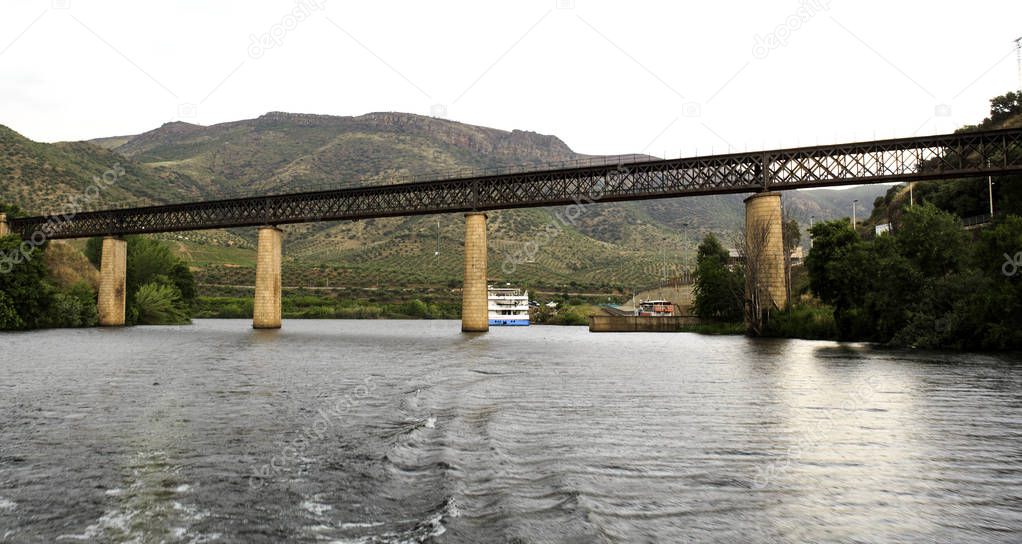 View of the international railway bridge over the Agueda River, connecting Portugal to Spain and now deactivated since 1985, in Barca de Alva, near the Spanish border, Portugal