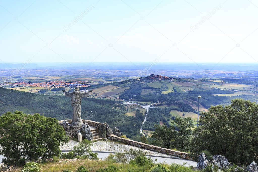 Panoramic view from the top of the Marofa Mountain Range, where the town of Figueira de Castelo Rodrigo and the hill top historic village of Castelo Rodrigo, Portugal, can be seen
