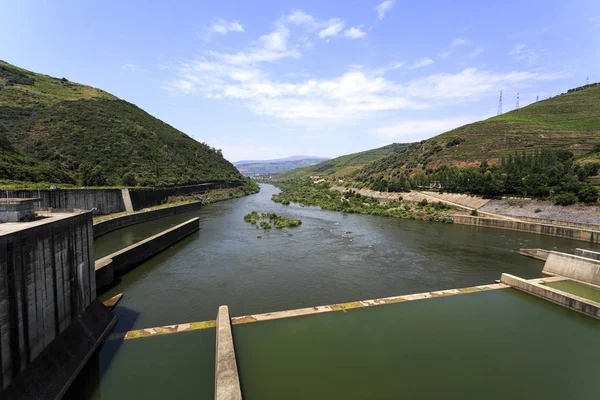 Downstream Kilátás Nyílik Douro Folyón Felső Regua Gát Minden Úgynevezett — Stock Fotó