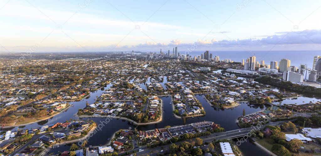 Superb clear view towards Broadbeach and Surfers Paradise in the Gold Coast at sunrise from a hot air balloon, in Queensland, Australia