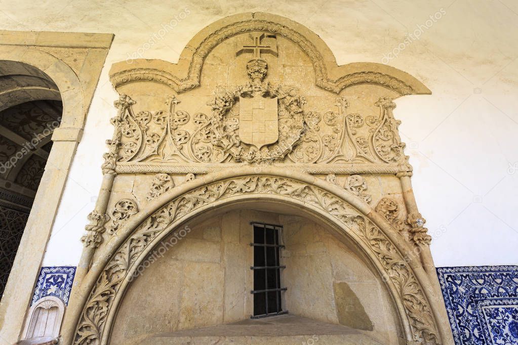 Detail of the monumental grave of Diogo da Gama, the Grand Master (or Prior) of the Order of Christ in 1523, located in the Cemetery Cloister in the Convent of Christ, Tomar, Portugal