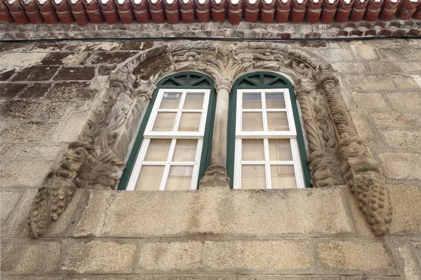 Vue Fenêtre Manuéline Maison Tour Avec Trois Archivoltes Cordes Finissant — Photo