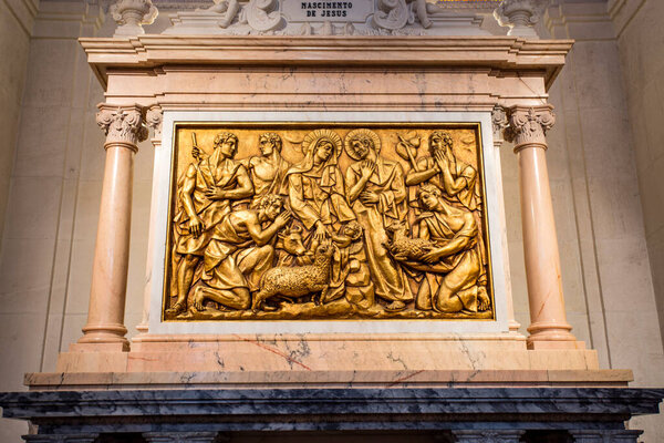 Bas-relief representing the holy nativity scene in the Basilica of Our Lady of the Rosary in Fatima, Portugal