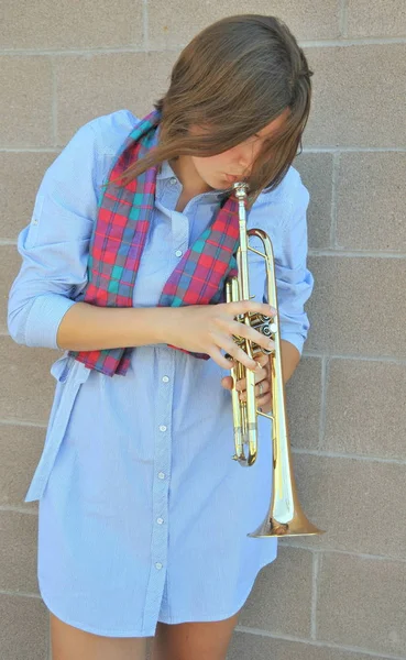 Onun Boynuz Açık Havada Kadın Caz Trompet Sanatçısı — Stok fotoğraf