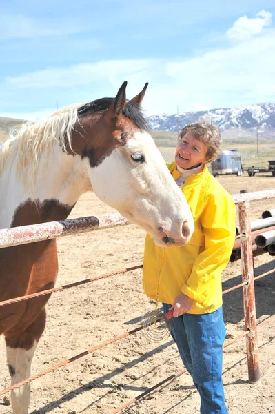 Kvinnlig Ranchägare Bindning Med Häst Utomhus — Stockfoto
