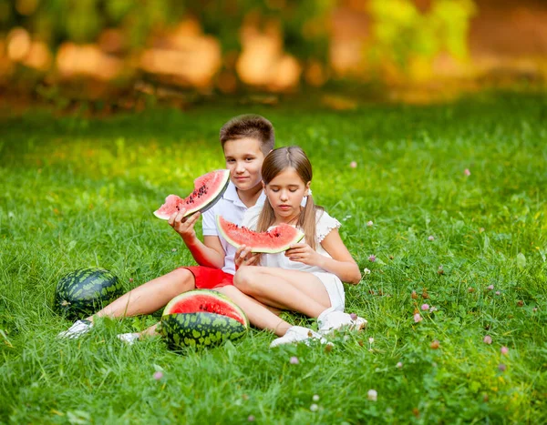 Boy Girl Sit Grass Eat Juicy Watermelon — Stock Photo, Image