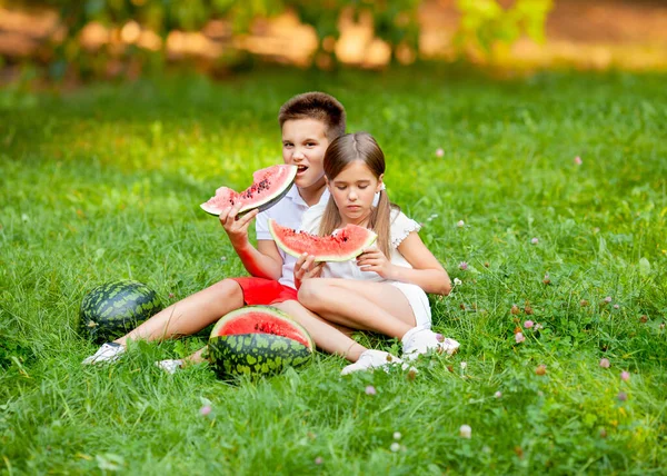 Boy Girl Sit Grass Eat Juicy Watermelon — Stock Photo, Image