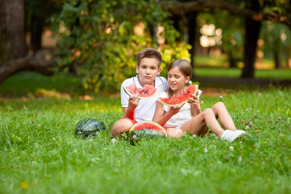 Junge Und Mädchen Sitzen Auf Dem Gras Und Essen Saftige — Stockfoto