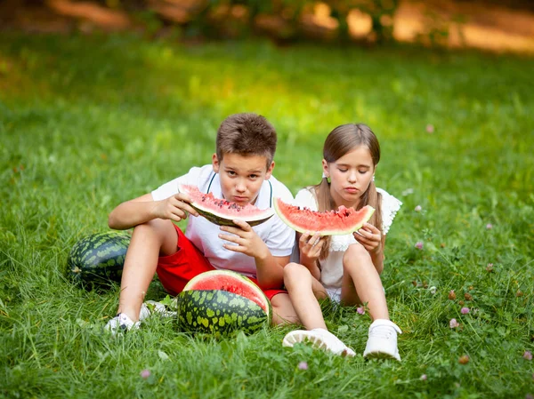 boy and girl sit on the grass and eat juicy watermelon