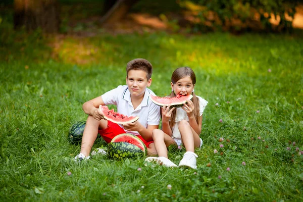 boy and girl sit on the grass and eat juicy watermelon