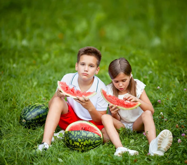 男の子と女の子は草の上に座ってジューシーなスイカを食べる — ストック写真