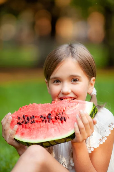 Girl White Clothes Two Tails Her Head Eats Watermelon Grass — Stock Photo, Image