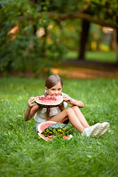 Girl White Clothes Two Tails Her Head Eats Watermelon Grass — Stock Photo, Image