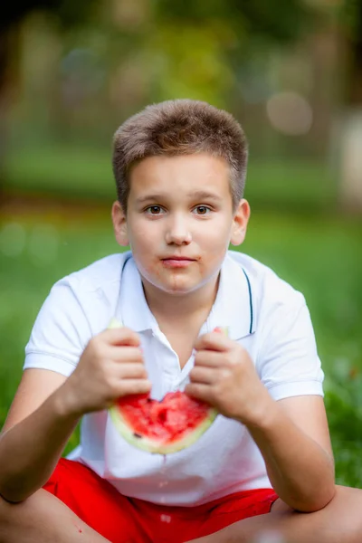 公園の草の上でスイカを食べる白いTシャツの少年 — ストック写真