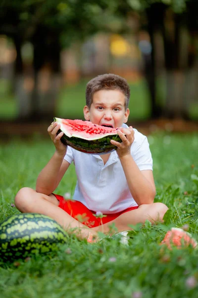 Boy White Shirt Eating Watermelon Grass Park — Stock Photo, Image