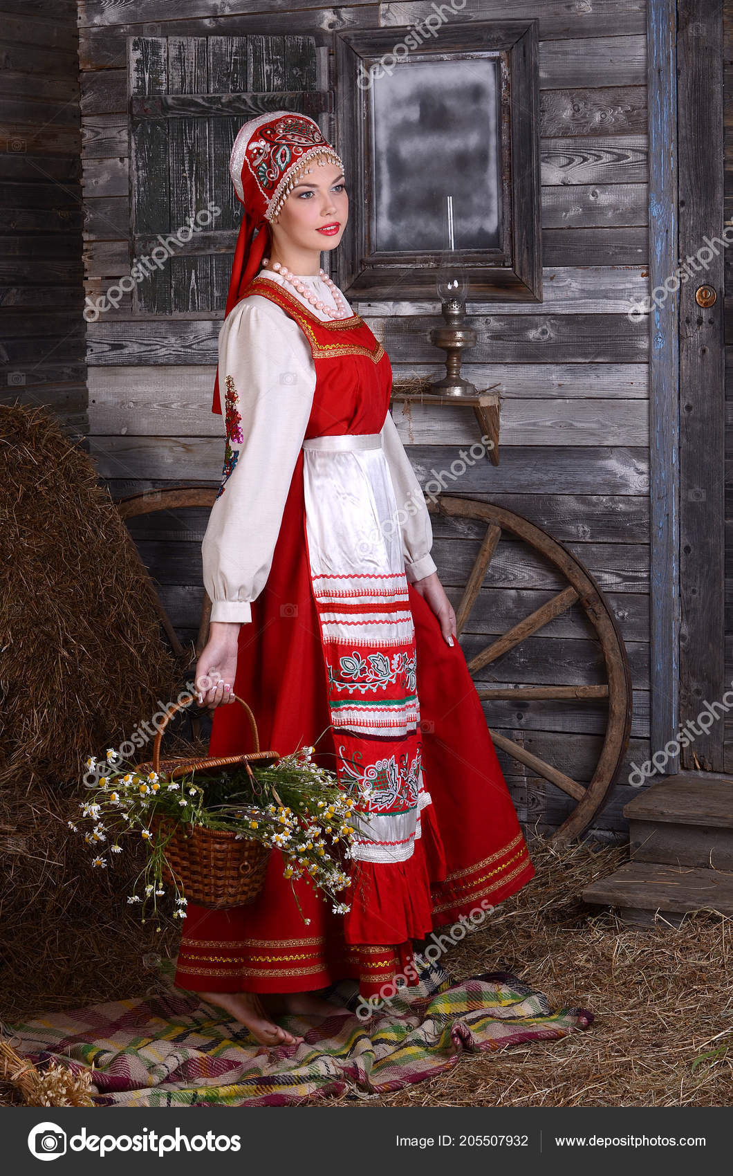 Portrait Young Woman Traditional Russian Style Vintage Interior