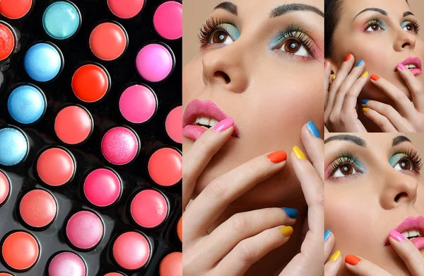 Buntes Frauengesicht Mit Buntem Nagellack Und Lippenstift Palette — Stockfoto