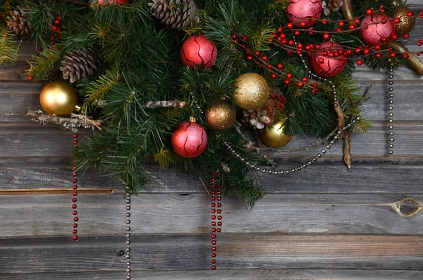 Kleurrijke Kerstdecoratie Oude Houten Achtergrond — Stockfoto