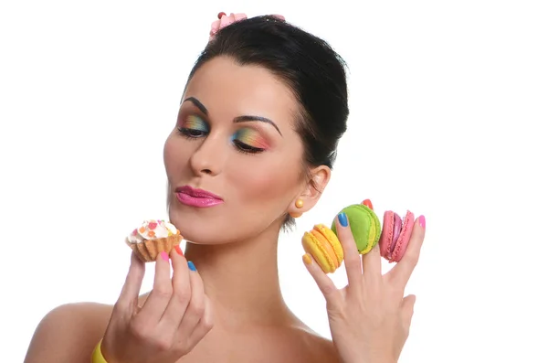 Young Fashion Model Woman Posing Colorful Cakes — Stock Photo, Image