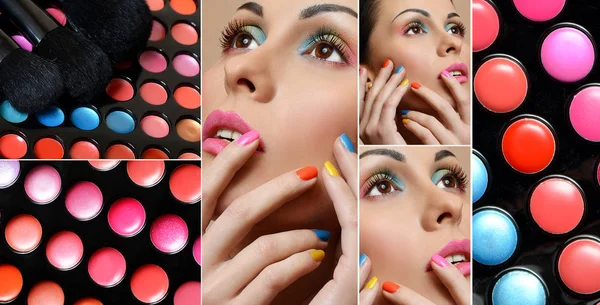 Buntes Frauengesicht Mit Buntem Nagellack Und Lippenstift Palette — Stockfoto