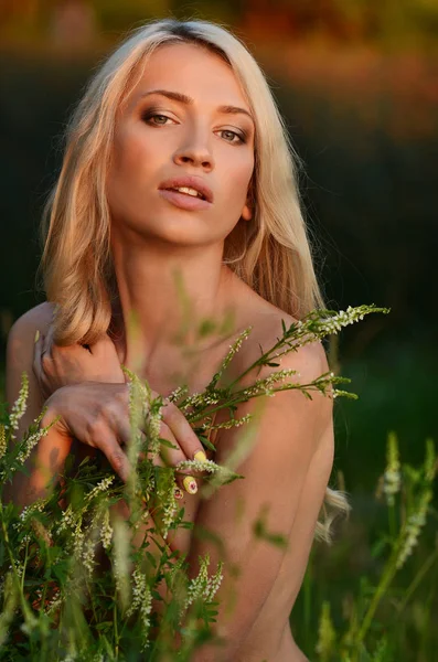 Nackte Blonde Frau Posiert Gras Bei Sonnenuntergang — Stockfoto