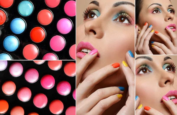 Schönheit Mädchen Gesicht Mit Buntem Nagellack Make Konzeptcollage — Stockfoto