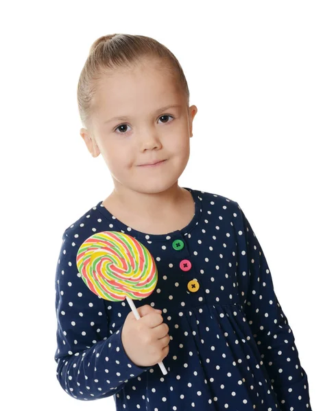 Liten Flicka Med Lollipop Isolerad Vit — Stockfoto