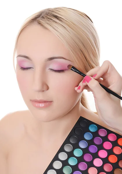 Beautiful Girl Put Makeup Face — Stock Photo, Image