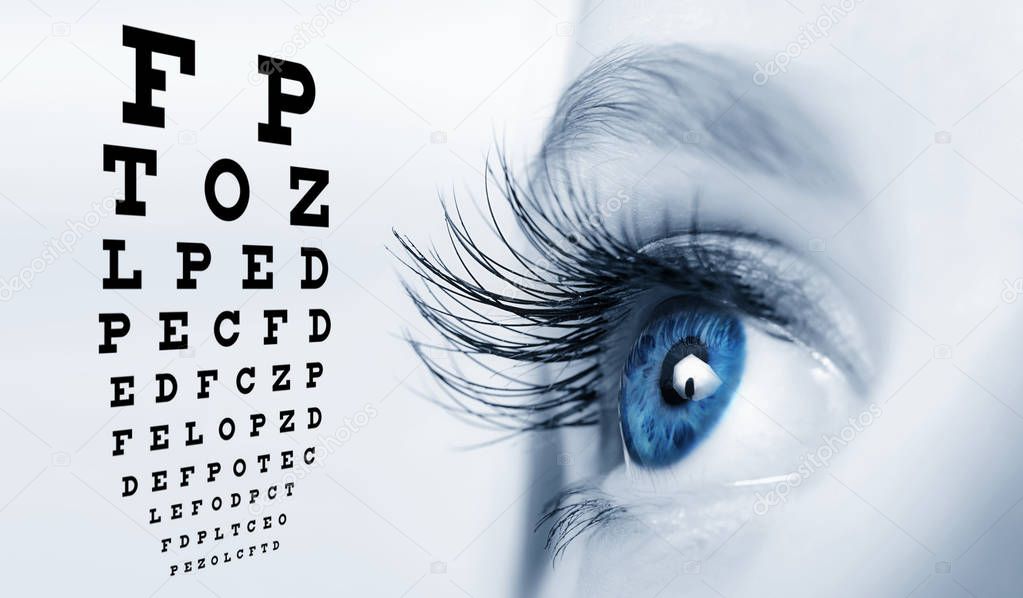 Close up of an eye and vision test chart