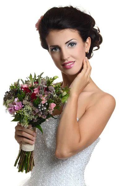 Stúdió Portré Egy Fiatal Gyönyörű Menyasszony Esküvői Csokor — Stock Fotó