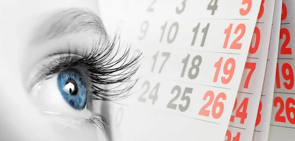 Close Woman Eye Calendar Page Background Concept — Stock Photo, Image