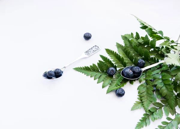 Blueberries Fern Leaves Spoon Stock Picture