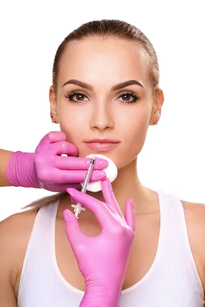 Menina Bonita Procedimento Rejuvenescimento Injeção Enchimento Procedimento Tiro Estúdio Fotografia — Fotografia de Stock