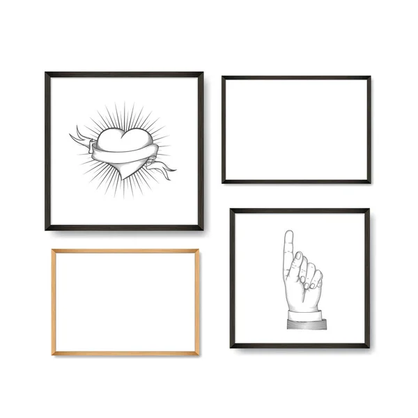 Set of Realistic Light and Dark Wooden Picture Frames on a White Wall with posters heart and pointing finger. — Stock Vector