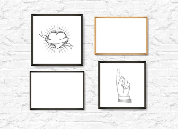 Set of Realistic Light and Dark Wooden Picture Frames on a White brick Wall with posters. — Stock Vector