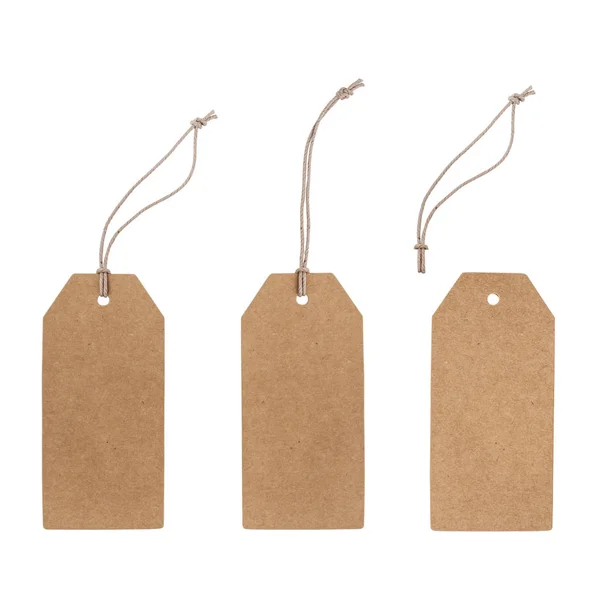 Set of blank cardboard tags isolated on white with different ropes. — Stock Photo, Image