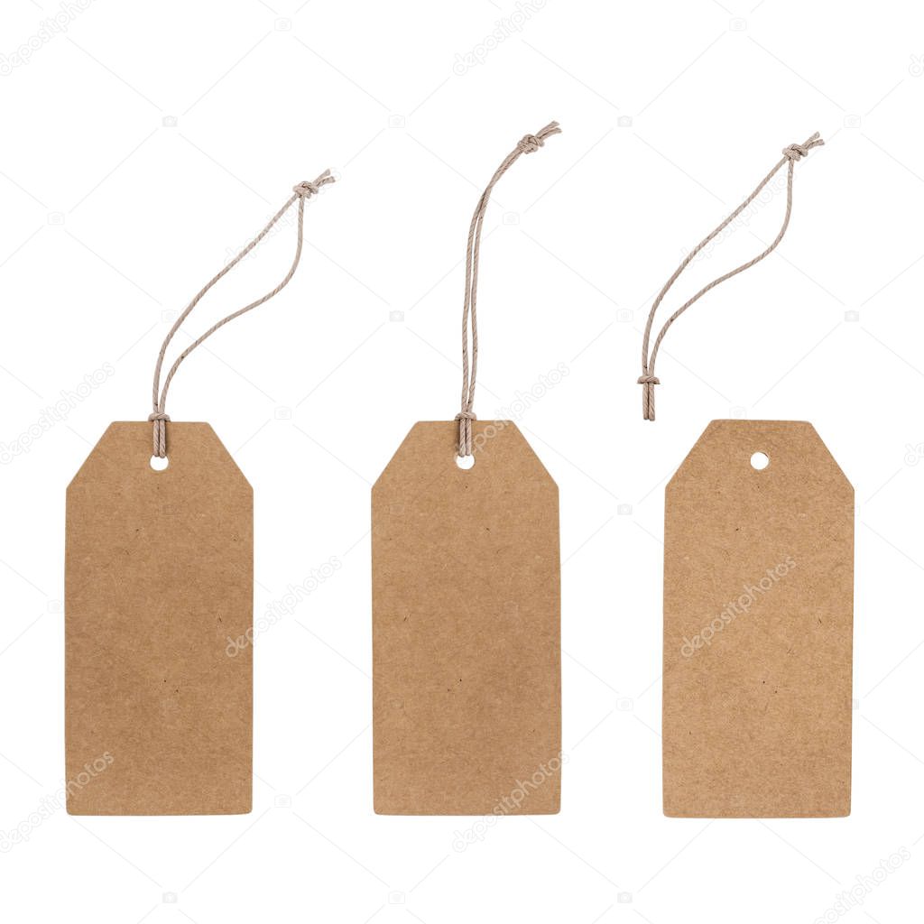 Set of blank cardboard tags isolated on white with different ropes.