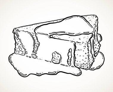 Çizilmiş tatlı - parçası cheesecake veya vanilyalı kek tepesi ile ver. Siyah anahat kroki tarzı vektör illüstrasyon izole beyaz arka plan üzerinde.