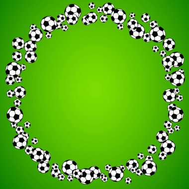 Futbol, futbol topları boş kare yuvarlak dağınık. Arka plan vektör çizim parlak yeşil çim alanın üzerinde. Spor oyun ekipman duvar kağıdı. Kare biçimi.