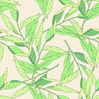 Elle çizilmiş yeşil yaprakları ağaç dalı kroki seamless modeli. Vektör doğa arka plan illüstrasyon.