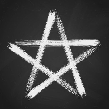 Pentagram icon, brush drawing magic occult star symbol. Vector illustration in white isolated over textured black background. clipart